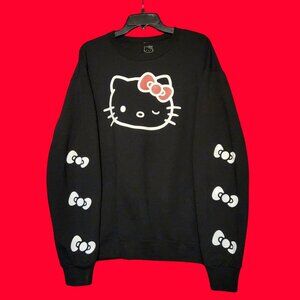 Hello Kitty Black Crewneck Sweatshirt With Winking Face & Bow Sleeve Design